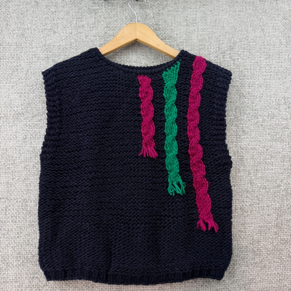 Vintage 80's Jack Winter Hand Knit Sweater‎ Vest Womens M Navy Pink Green Cable